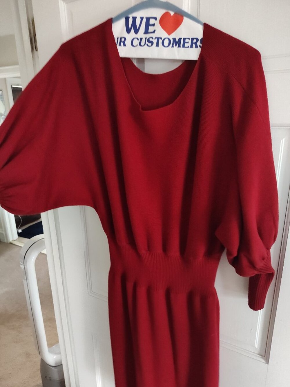 Red Sweater Dress Batwing Sleeve Cinched Waist Knit Midi Dress Worn Once